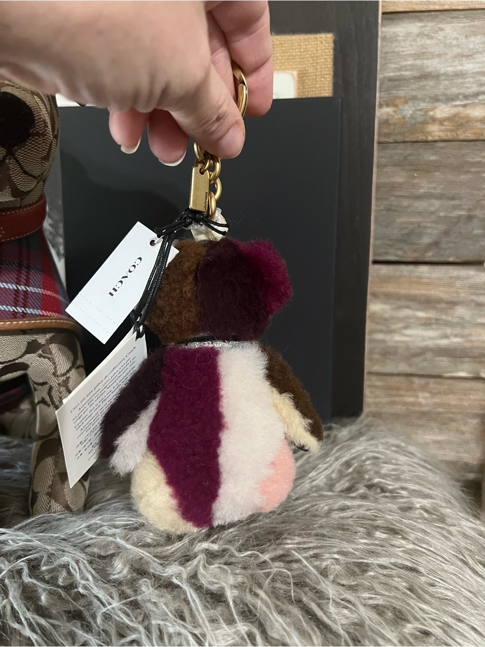 COACH Shearling patchwork bear Bag Charm Keychain - Picture 2 of 4
